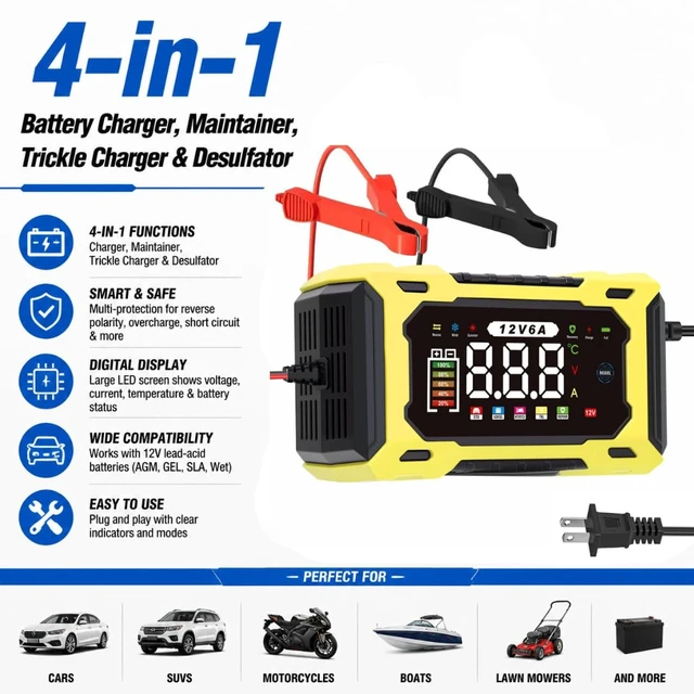 Alt view image 2 of 7 - 12V 6A Smart Battery Charger Maintainer, Fully Automatic Trickle Charger | MultiStage Charging & Comprehensive Safety Protection, for LeadAcid (AGM, GEL, SLA, Flooded, deepcycle) batteries
