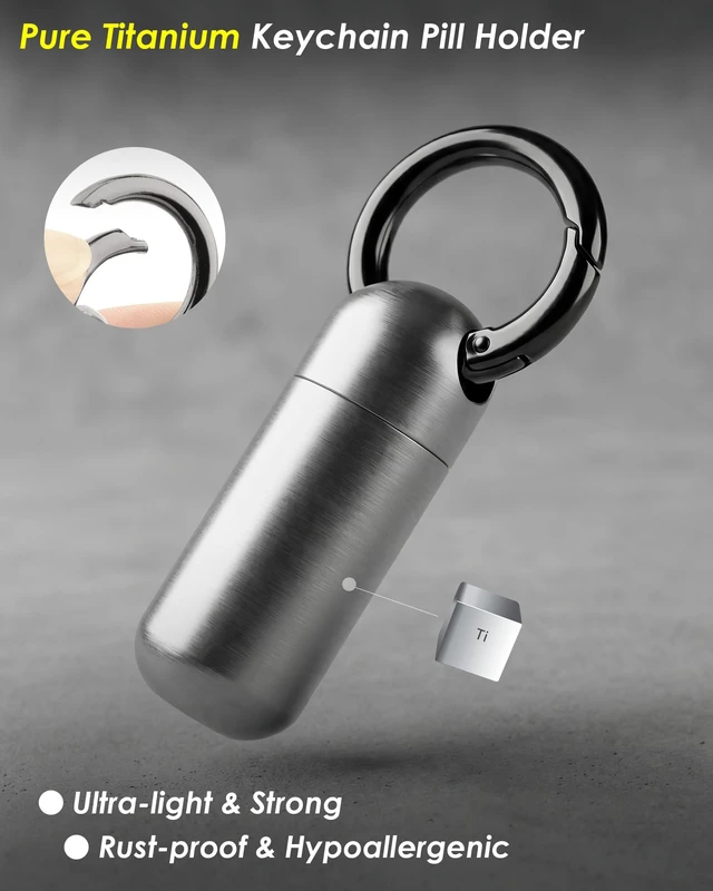 Alt view image 2 of 7 - Titanium Keychain Pill Holder, Waterproof Small Single Pill Case for Nitro | Quick Release Carabiner, Medical Emergency for Aspirin, EDC Travel, Travel Mini Pill Box for Purse, Gift for Men & Women