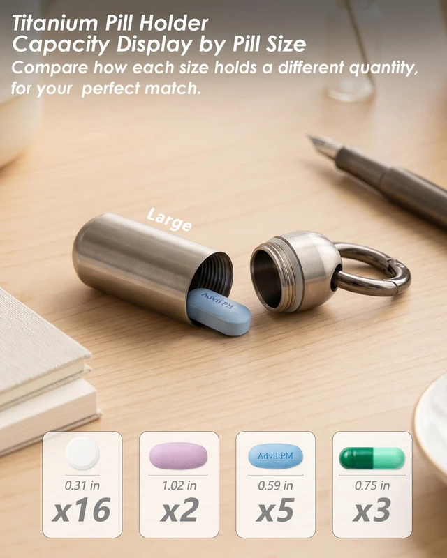 Alt view image 3 of 7 - Titanium Keychain Pill Holder, Waterproof Small Single Pill Case for Nitro | Quick Release Carabiner, Medical Emergency for Aspirin, EDC Travel, Travel Mini Pill Box for Purse, Gift for Men & Women