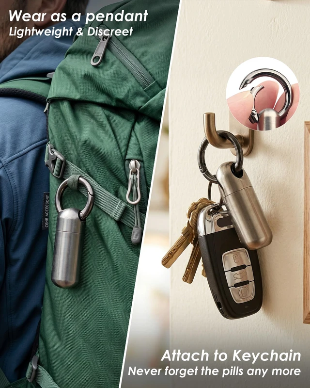Alt view image 6 of 7 - Titanium Keychain Pill Holder, Waterproof Small Single Pill Case for Nitro | Quick Release Carabiner, Medical Emergency for Aspirin, EDC Travel, Travel Mini Pill Box for Purse, Gift for Men & Women