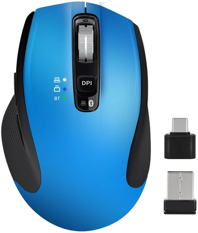 Main image of Wireless Bluetooth Mouse with USB-A, USB-C Receiver, Rechargeable, 3-Device, Full-Size, Silent Click, Ergonomic Mice for MacBook/Laptop/Computer/Tablet/PC/iPad-Blue