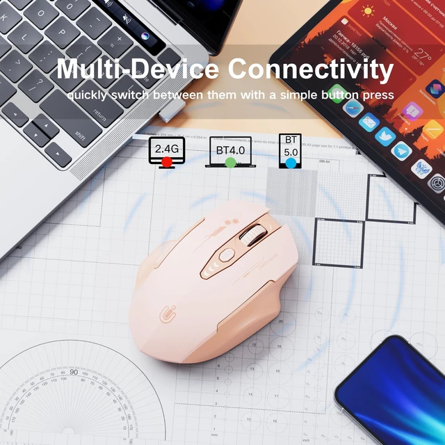 Alt view image 2 of 4 - Bluetooth Mouse, Tri-Mode Wireless, Rechargeable, 3-Device Switch | Dual Bluetooth plus 2.4G connectivity, 3-device switching and a visible rechargeable battery level.