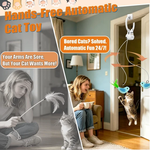 Alt view image 3 of 7 - Interactive Cat Toys for Indoor Cats, Automatic Flying Bird Feather Wand Toy for Chase Exercise Enrichment, Rechargeable Durable Safe Hanging Cat Toy for Bored Kittens & Adult Cats