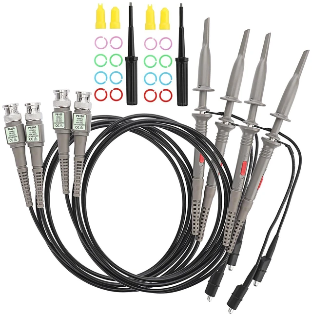 Main image of 4 Pcs 100 MHz 300V DC High Sensitivity Oscilloscope Clip Probes | Oscilloscope Probe 10:1 and 1:1 Switchable with Mini Alligator Clip and Ground Lead