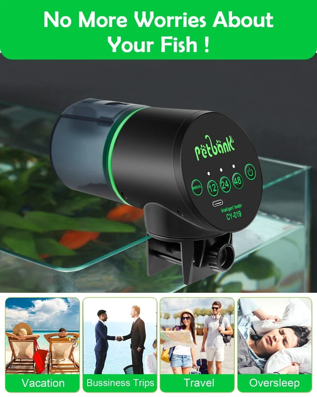 Alt view image 6 of 7 - Automatic Fish Feeder for Aquarium Easy Setup & 12/24/48H Interval | 200ML USB-C Rechargeable Auto Food Dispenser for Flakes & Pellets, Vacation Feeding for Small Tank Betta Koi Turtle