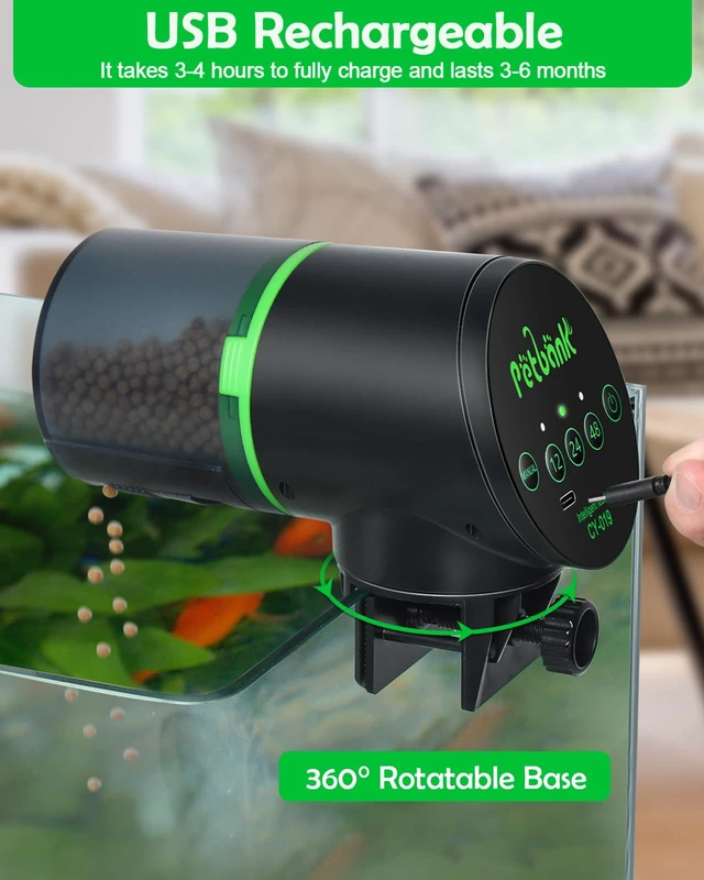 Alt view image 5 of 7 - Automatic Fish Feeder for Aquarium Easy Setup & 12/24/48H Interval | 200ML USB-C Rechargeable Auto Food Dispenser for Flakes & Pellets, Vacation Feeding for Small Tank Betta Koi Turtle