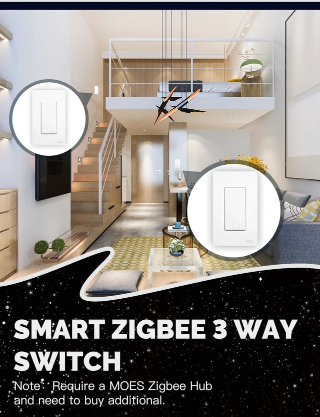 Alt view image 2 of 6 - Zigbee 3 Way Light Switch 1 Gang, Need Neutral Wire & MOES Zigbee Hub | Smart Wall Switches Single Pole, Support Home Assistant & Zigbee2MQTT, Remote Control, Work with Alexa/Google Assistant