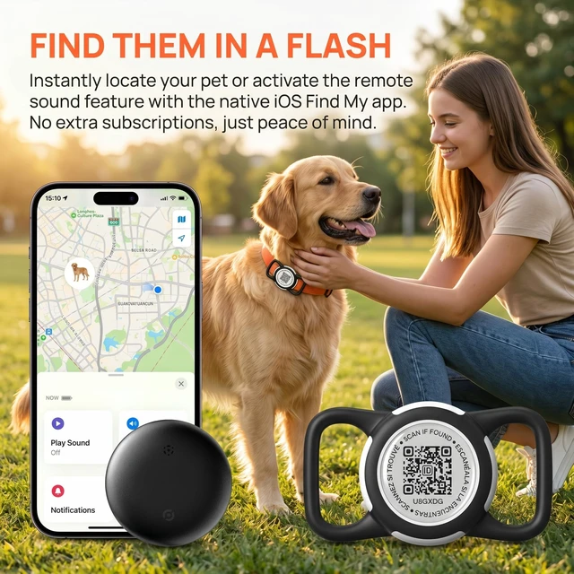 Alt view image 3 of 6 - Dog Tracker with QR Code Smart Pet Tracker for Collar No Monthly Fee Pet Location Tracker with Holder Anti-Lost Device for Pets Compatible with Apple Find My iOS Only Dog Trackers