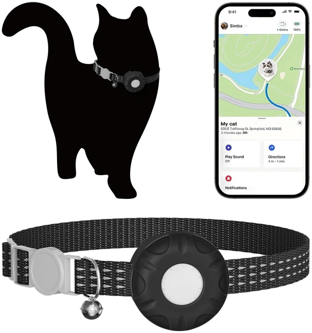 Main image of Cat Tracker, Real Time GPS Tracker Compatible with Apple Find My App(Only iOS), Waterproof Cat Tracker Collar with Bell and Safety Elastic Buckle, No Monthly Fee Pet Trackers for Pets, Kids (Black)