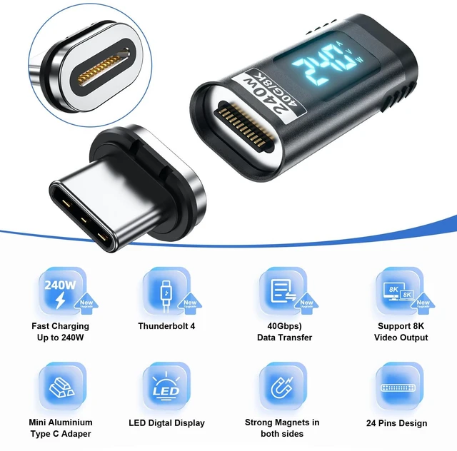 Alt view image 5 of 7 - Display USB C Magnetic Adapter PD 240W 24Pins, Straight, 2 Pack | Voltage Current Power LED Display, Type C Power Meter Tester USBC 4 40Gbps 8K 60Hz for Thunderbolt 3/4, MacBook Pro/Air