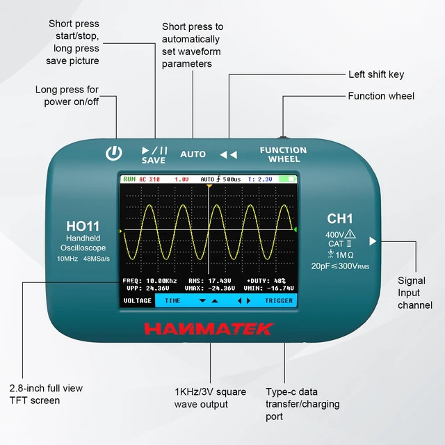 Alt view image 2 of 7 - HO11 Handheld Digital Oscilloscope - 10MHz Bandwidth, 48MSa/s High-Precision Sampling, 2.8" TFT Display, USB Rechargeable, Advanced Trigger System, Portable for Fieldwork