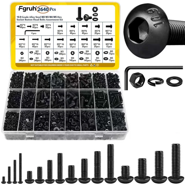Main image of 2640PCS M2 M3 M4 M5 Metric Socket Button Head Screws Assortment Kit | 4/6/8/12/16/20 mm Metric Bolt Kit, M2-0.4,M3-0.5,M4-0.7,M5-0.8 m Screw Nut & Washers Set for 3D Print, Grade 10.9 Black Zinc