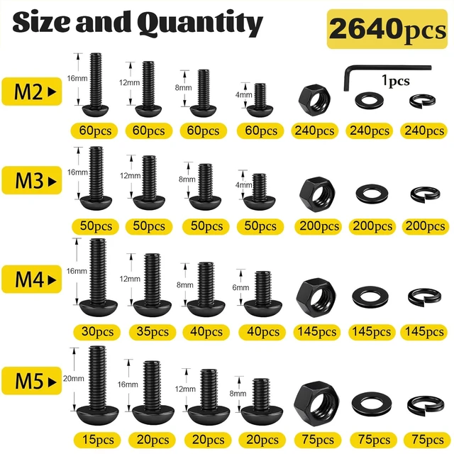 Alt view image 2 of 7 - 2640PCS M2 M3 M4 M5 Metric Socket Button Head Screws Assortment Kit | 4/6/8/12/16/20 mm Metric Bolt Kit, M2-0.4,M3-0.5,M4-0.7,M5-0.8 m Screw Nut & Washers Set for 3D Print, Grade 10.9 Black Zinc