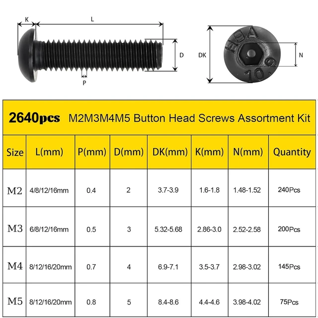 Alt view image 3 of 7 - 2640PCS M2 M3 M4 M5 Metric Socket Button Head Screws Assortment Kit | 4/6/8/12/16/20 mm Metric Bolt Kit, M2-0.4,M3-0.5,M4-0.7,M5-0.8 m Screw Nut & Washers Set for 3D Print, Grade 10.9 Black Zinc