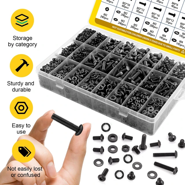 Alt view image 6 of 7 - 2640PCS M2 M3 M4 M5 Metric Socket Button Head Screws Assortment Kit | 4/6/8/12/16/20 mm Metric Bolt Kit, M2-0.4,M3-0.5,M4-0.7,M5-0.8 m Screw Nut & Washers Set for 3D Print, Grade 10.9 Black Zinc