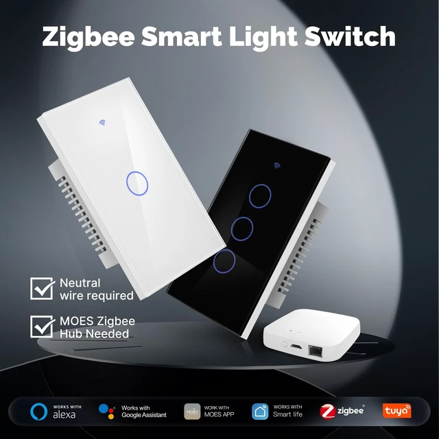 Alt view image 2 of 6 - Zigbee Smart Switch 1 Gang, Need MOES Zigbee Hub & Neutral Wire, White | Smart Light Switch, Work as Relay, Support Tuya Smart Life, Compatible with Home Assistant / Zigbee2MQTT, Glass Panel