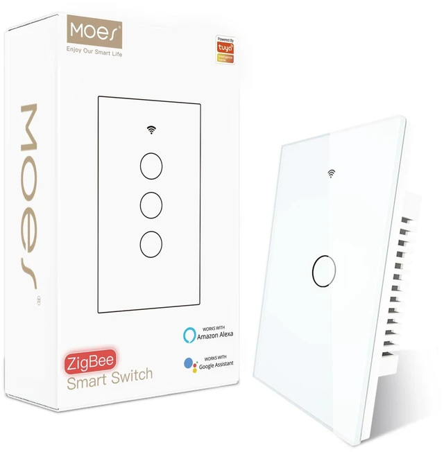 Main image of Zigbee Smart Switch 1 Gang, Need MOES Zigbee Hub & Neutral Wire, White | Smart Light Switch, Work as Relay, Support Tuya Smart Life, Compatible with Home Assistant / Zigbee2MQTT, Glass Panel