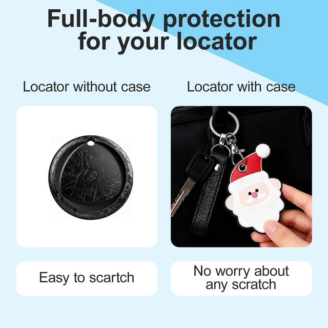 Alt view image 4 of 7 - Tracker Tags-4 Pack and 4 Free Leather Keychain Holder (Christmas Series) Work with Apple Find My (iOS Only), Bluetooth Tracker Key Finder, Replaceable Battery Smart Tag for Keys, Wallet, Luggage etc