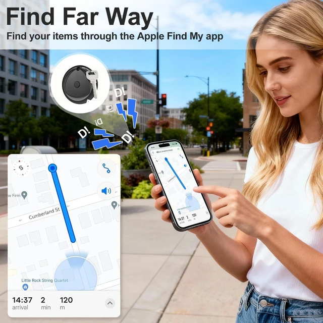 Alt view image 2 of 7 - Tracker Tags-4 Pack and 4 Free Leather Keychain Holder (Christmas Series) Work with Apple Find My (iOS Only), Bluetooth Tracker Key Finder, Replaceable Battery Smart Tag for Keys, Wallet, Luggage etc