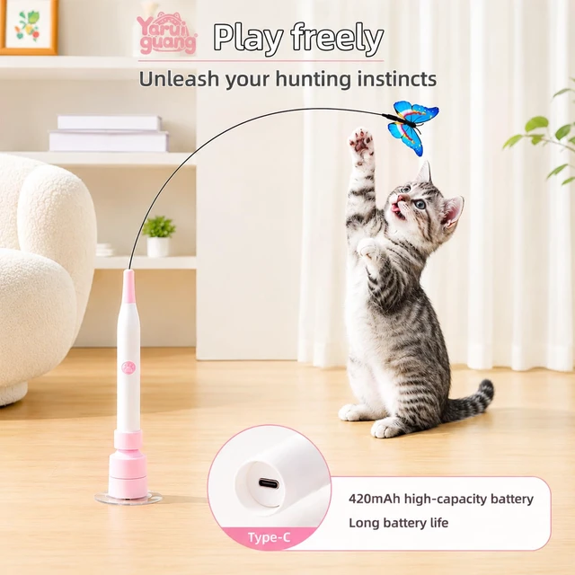 Alt view image 2 of 6 - Automatic Butterfly Cat Toy, Interactive Wand with Suction Base | Rechargeable 2-in-1 wand offers handheld or suction-base play, two rotating modes, tap activation, and 3 butterfly refills.