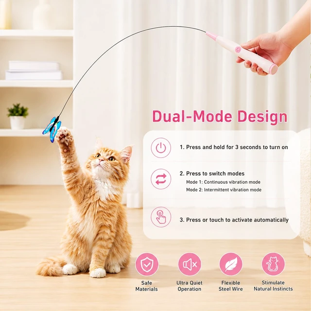 Alt view image 3 of 6 - Automatic Butterfly Cat Toy, Interactive Wand with Suction Base | Rechargeable 2-in-1 wand offers handheld or suction-base play, two rotating modes, tap activation, and 3 butterfly refills.