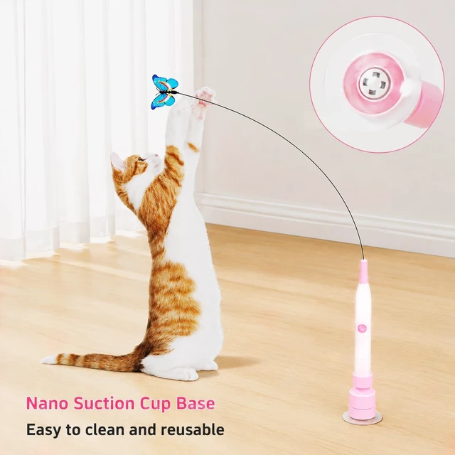 Alt view image 4 of 6 - Automatic Butterfly Cat Toy, Interactive Wand with Suction Base | Rechargeable 2-in-1 wand offers handheld or suction-base play, two rotating modes, tap activation, and 3 butterfly refills.