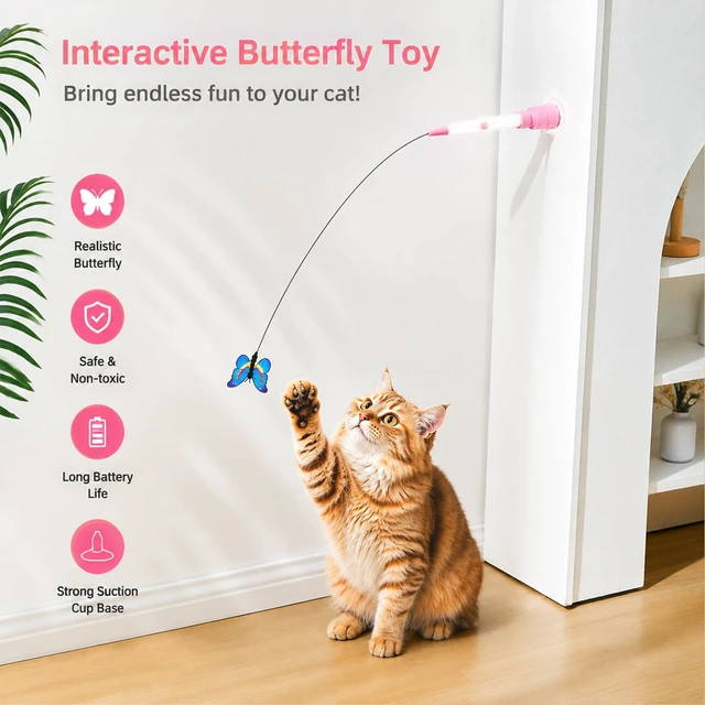 Alt view image 5 of 6 - Automatic Butterfly Cat Toy, Interactive Wand with Suction Base | Rechargeable 2-in-1 wand offers handheld or suction-base play, two rotating modes, tap activation, and 3 butterfly refills.