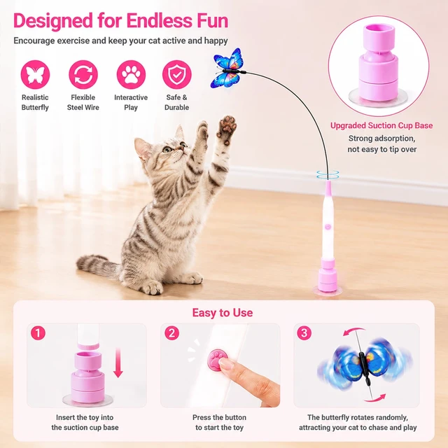 Alt view image 6 of 6 - Automatic Butterfly Cat Toy, Interactive Wand with Suction Base | Rechargeable 2-in-1 wand offers handheld or suction-base play, two rotating modes, tap activation, and 3 butterfly refills.