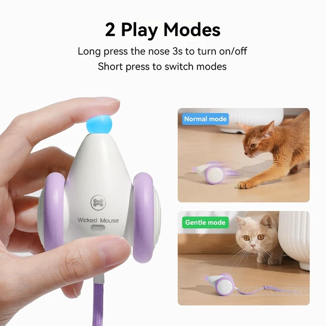 Alt view image 6 of 7 - Interactive Cat Toys for Indoor Cats - Automatic Moving Kitten Toys, Wicked Mouse Neo Cat Toy with Tail & Lights, Pet Cat Supplies, Rechargeable Cat Toys for Bored Indoor Adult Cats, Purple