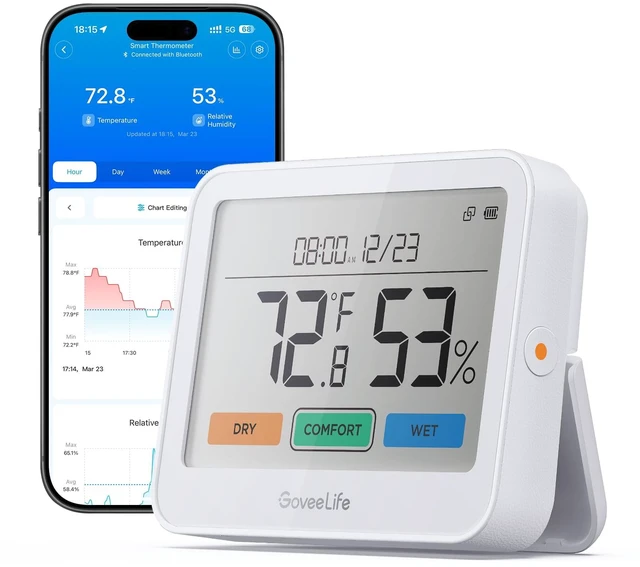 Main image of Bluetooth Thermometer Hygrometer, 1-Pack (Gateway not Included) | Temperature and humidity monitor with weather station, indoor thermometer for home greenhouse (Wi-Fi requires Gateway)