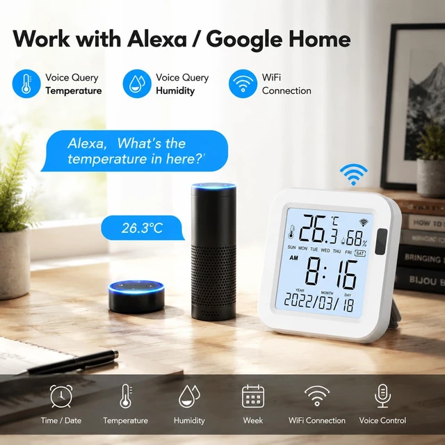 Alt view image 3 of 7 - WiFi Thermometer Hygrometer: Indoor Temperature & Humidity Monitor with App | App Alerts, 3" Backlit LCD, Remote Monitoring, History & CSV Export, Smart Home Automation, USB Powered, Alexa Compatible