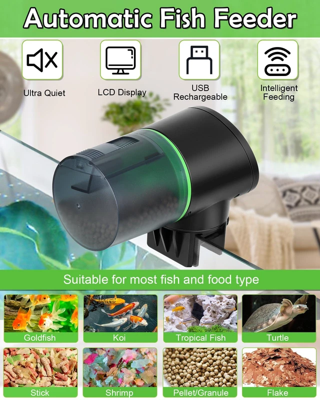 Alt view image 2 of 7 - Automatic Fish Feeder for Aquarium Easy Setup & 4 Timers Black | 200ML Rechargeable Auto Food Dispenser for Flakes & Pellets, LCD Display, Vacation Feeding for Small Tank Betta Koi Turtle