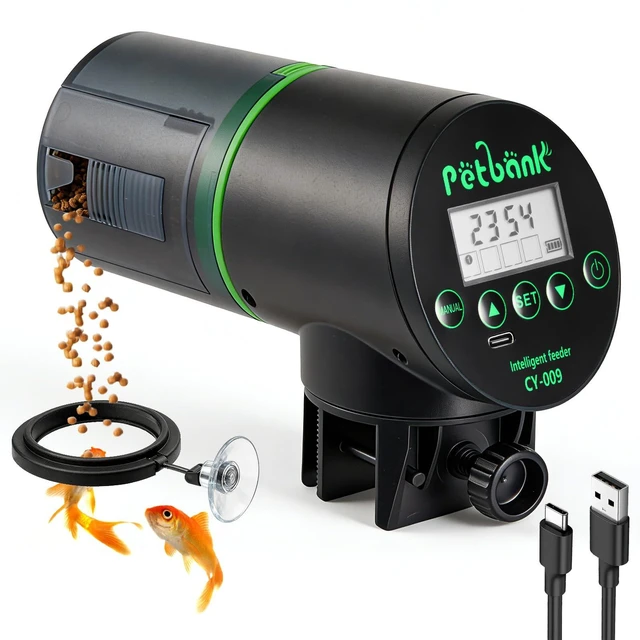 Main image of Automatic Fish Feeder for Aquarium Easy Setup & 4 Timers Black | 200ML Rechargeable Auto Food Dispenser for Flakes & Pellets, LCD Display, Vacation Feeding for Small Tank Betta Koi Turtle