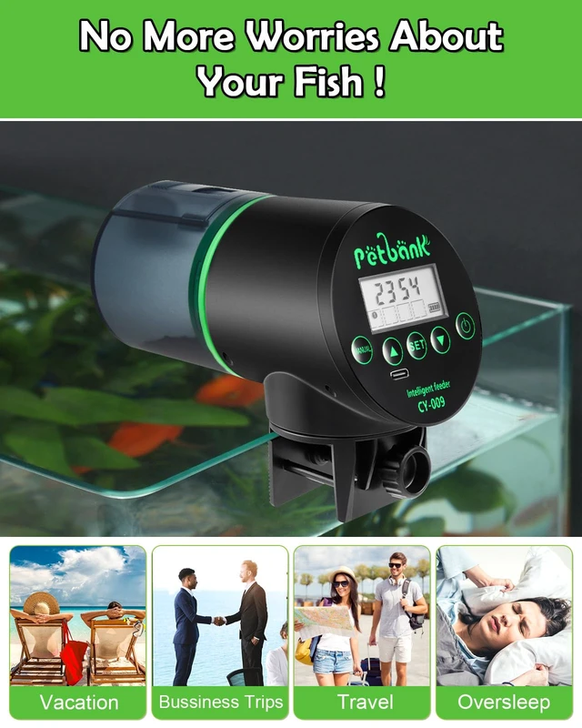 Alt view image 7 of 7 - Automatic Fish Feeder for Aquarium Easy Setup & 4 Timers Black | 200ML Rechargeable Auto Food Dispenser for Flakes & Pellets, LCD Display, Vacation Feeding for Small Tank Betta Koi Turtle