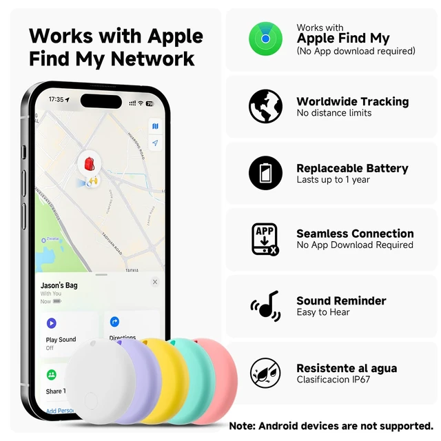 Alt view image 4 of 7 - Air Tracker Tags 5 Pack for Find My, 2026 Upgraded with IP68 Waterproof Item Finder with Left-Behind Alert, Small Size 5 Colors for Keys, Luggage, Backpack, Wallet. iOS Only.