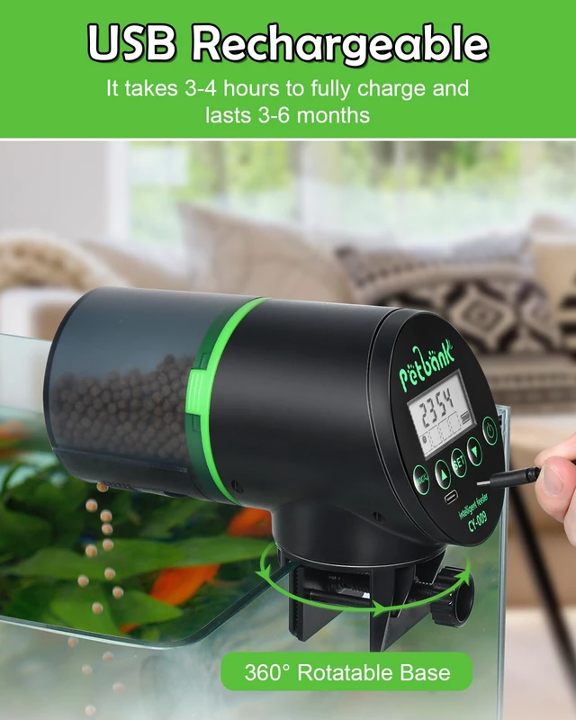 Alt view image 6 of 7 - Automatic Fish Feeder for Aquarium Easy Setup & 4 Timers Black | 200ML Rechargeable Auto Food Dispenser for Flakes & Pellets, LCD Display, Vacation Feeding for Small Tank Betta Koi Turtle