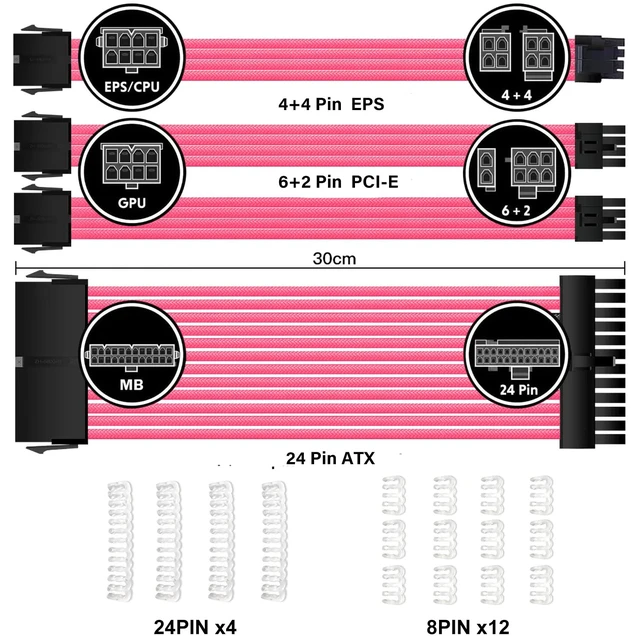 Alt view image 3 of 6 - PSU Cable Extension kit - Sleeved 18AWG 30cm ATX 24pin,CPU4+4p,PCI-E 6+2p,PCI-E 6p-Pink- Compatible with RM, EVGA,Corsair,HX Series Power Supplies