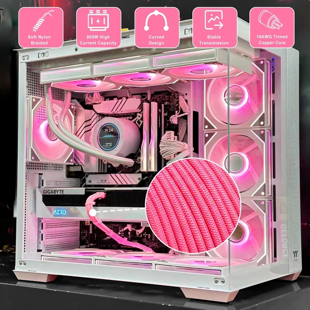 Alt view image 6 of 6 - PSU Cable Extension kit - Sleeved 18AWG 30cm ATX 24pin,CPU4+4p,PCI-E 6+2p,PCI-E 6p-Pink- Compatible with RM, EVGA,Corsair,HX Series Power Supplies