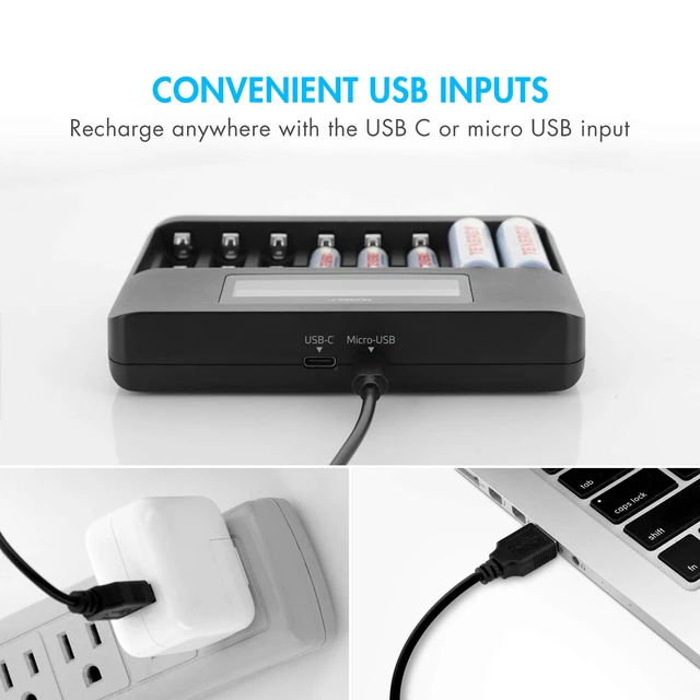 Alt view image 4 of 5 - TN480U 8-Bay LCD Display Fast Charger for NiMH/NiCD AA AAA Rechargeable Batteries with Mirco USB and USB Type C Input for AA and AAA Rechargeable Batteries