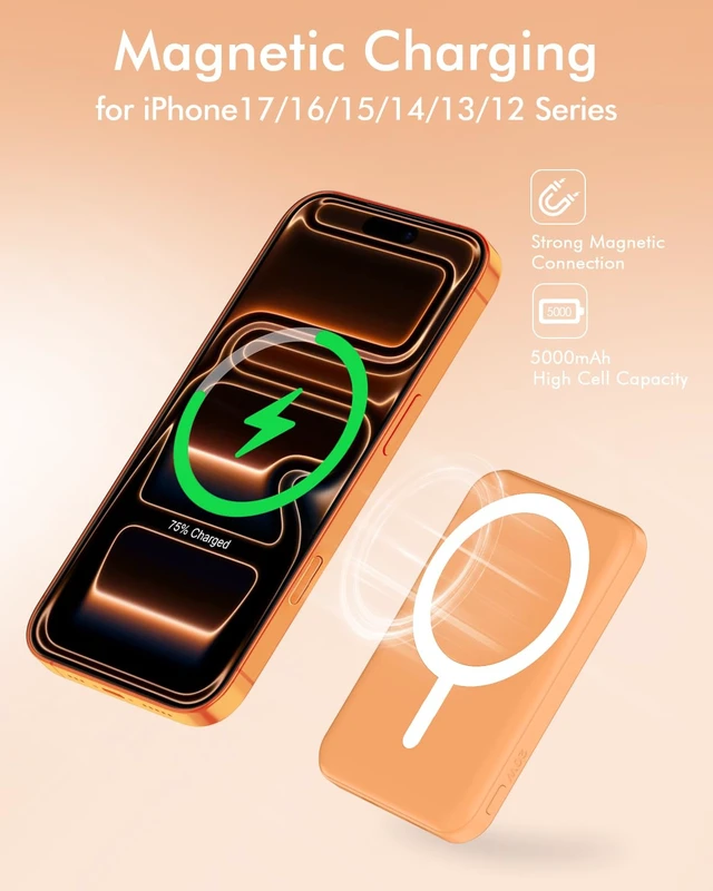 Alt view image 3 of 7 - for MagSafe Power Bank 5000mAh, Ultra-Slim Magnetic Portable Charger | 20W PD Fast Charging, Travel Essentials with USB-C Cable, Wireless Battery Pack for iPhone 17/16/15/14/13/12 Series-Orange