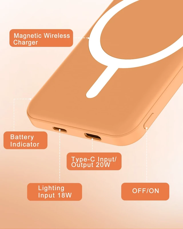 Alt view image 5 of 7 - for MagSafe Power Bank 5000mAh, Ultra-Slim Magnetic Portable Charger | 20W PD Fast Charging, Travel Essentials with USB-C Cable, Wireless Battery Pack for iPhone 17/16/15/14/13/12 Series-Orange