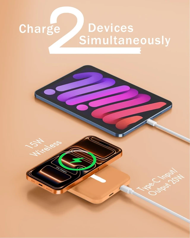 Alt view image 6 of 7 - for MagSafe Power Bank 5000mAh, Ultra-Slim Magnetic Portable Charger | 20W PD Fast Charging, Travel Essentials with USB-C Cable, Wireless Battery Pack for iPhone 17/16/15/14/13/12 Series-Orange