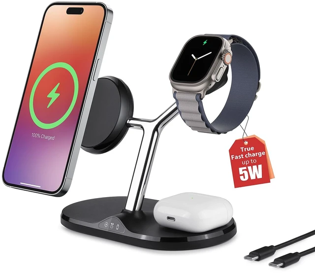 Main image of 3 in 1 Wireless Charging Station for Apple Devices with MagSafe | Charging for iPhone 17/Air/16/15/14/13, AirPods, Apple Watch, Weighted Stable Charging Stand