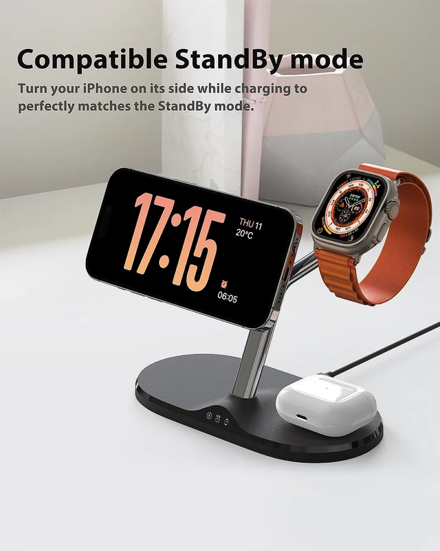 Alt view image 7 of 7 - 3 in 1 Wireless Charging Station for Apple Devices with MagSafe | Charging for iPhone 17/Air/16/15/14/13, AirPods, Apple Watch, Weighted Stable Charging Stand