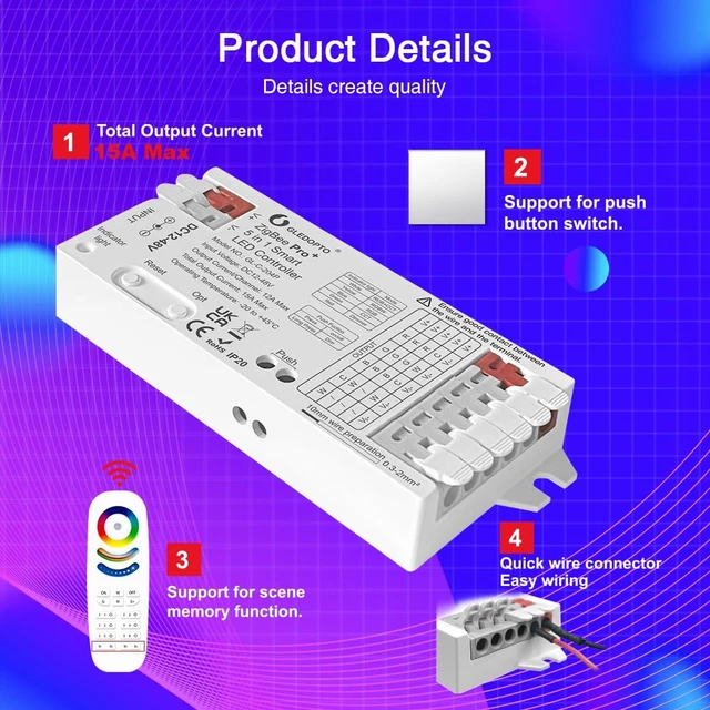Alt view image 2 of 7 - ZigBee3.0 LED Controller Pro Smart Home 5 in 1 RGBCCT RGBW RGB CCT WWCW Dimmer DC 12-48V 15A Max PWM Dimming Analog LED Strip Light Work with Hub Bridge Alexa Conbee etc (Hub Required)
