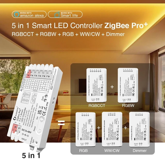 Alt view image 3 of 7 - ZigBee3.0 LED Controller Pro Smart Home 5 in 1 RGBCCT RGBW RGB CCT WWCW Dimmer DC 12-48V 15A Max PWM Dimming Analog LED Strip Light Work with Hub Bridge Alexa Conbee etc (Hub Required)