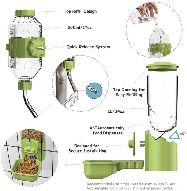 Alt view image 2 of 6 - Automatic Pet Food Water Dispenser, Auto Gravity Pet Feeder Water Bottle Set for Cage, Feeding Station for Puppy Kitten Rabbit Guinea Pigs Chinchilla Ferret Hedgehog (Green)
