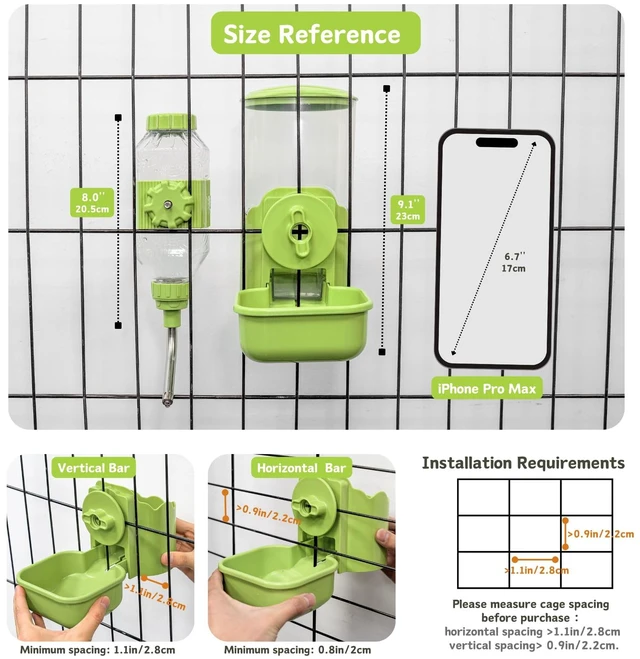 Alt view image 4 of 6 - Automatic Pet Food Water Dispenser, Auto Gravity Pet Feeder Water Bottle Set for Cage, Feeding Station for Puppy Kitten Rabbit Guinea Pigs Chinchilla Ferret Hedgehog (Green)