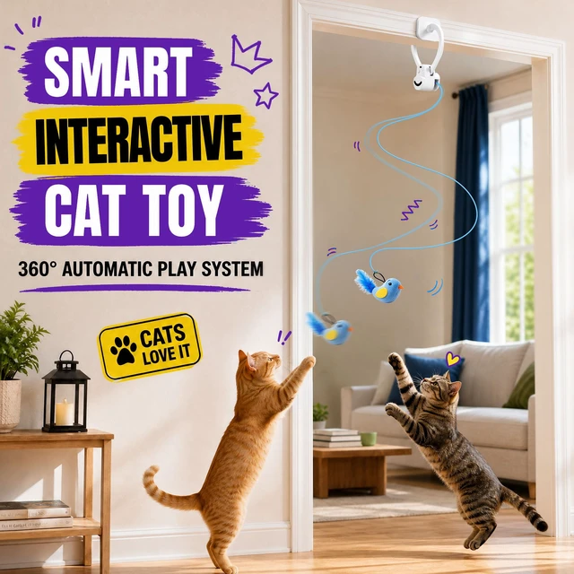 Alt view image 2 of 7 - Interactive Cat Toys for Indoor Cats, Clip-On Automatic Flying Bird | USB Rechargeable Self-Play with Interchangeable Bird & Mouse Attachments for Bored Kittens and Adult Cats