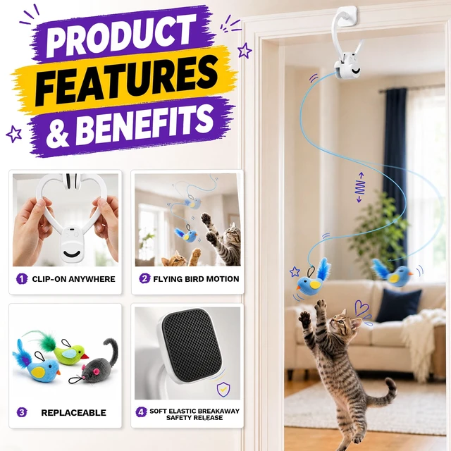 Alt view image 4 of 7 - Interactive Cat Toys for Indoor Cats, Clip-On Automatic Flying Bird | USB Rechargeable Self-Play with Interchangeable Bird & Mouse Attachments for Bored Kittens and Adult Cats